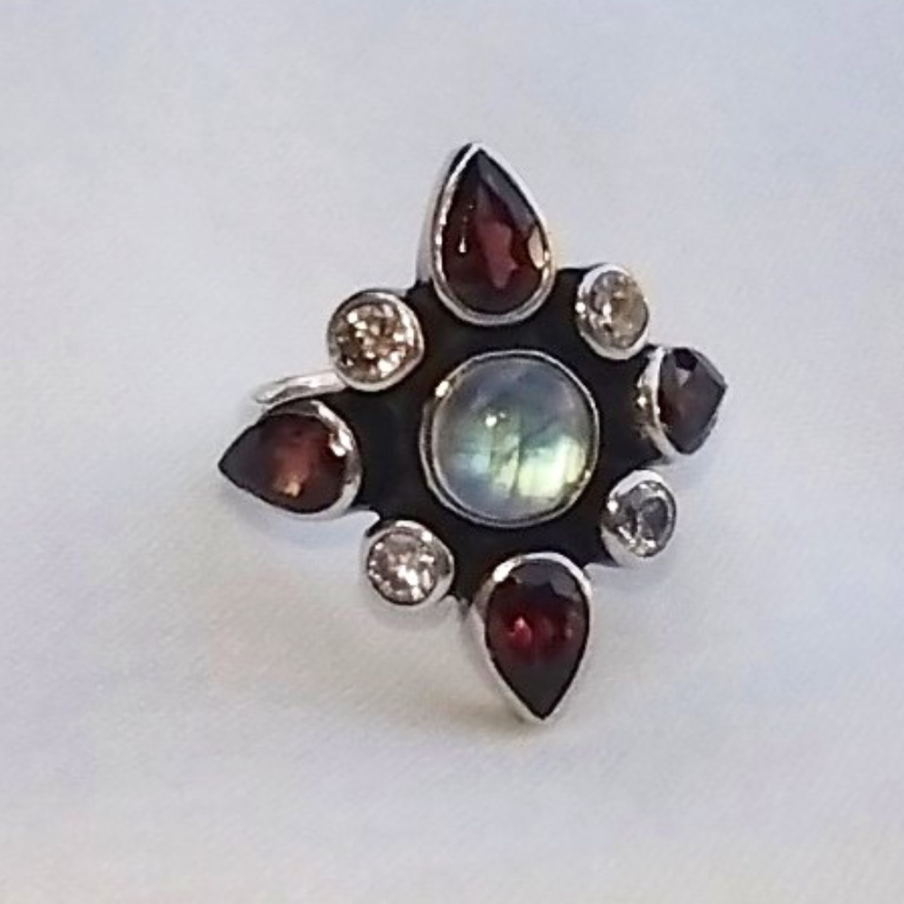 Vintage Sterling Silver Moonstone & Garnet Chunky Ring by Nikki Butler / Size 5